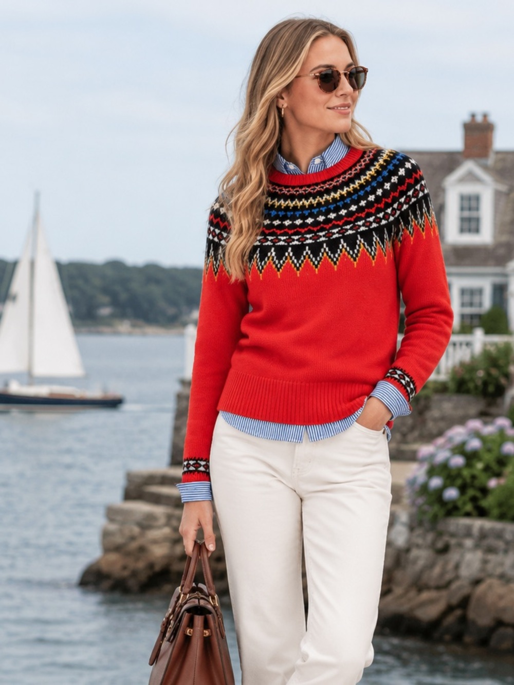 J. CREW Heavyweight Wool Blend Red Preppy Fair Isle Knit Sweater, S